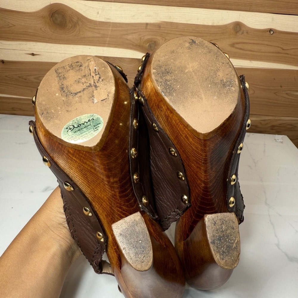 Dione Chuncky Wooden Heel Platform Sandals Leather Straps Brown Size 7.5 - Picture 10 of 13